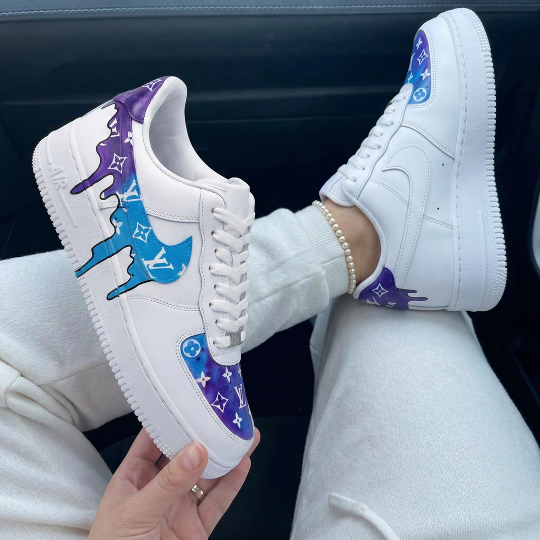 Custom Air Force 1 Purple Baby Blue Drip LV Logo