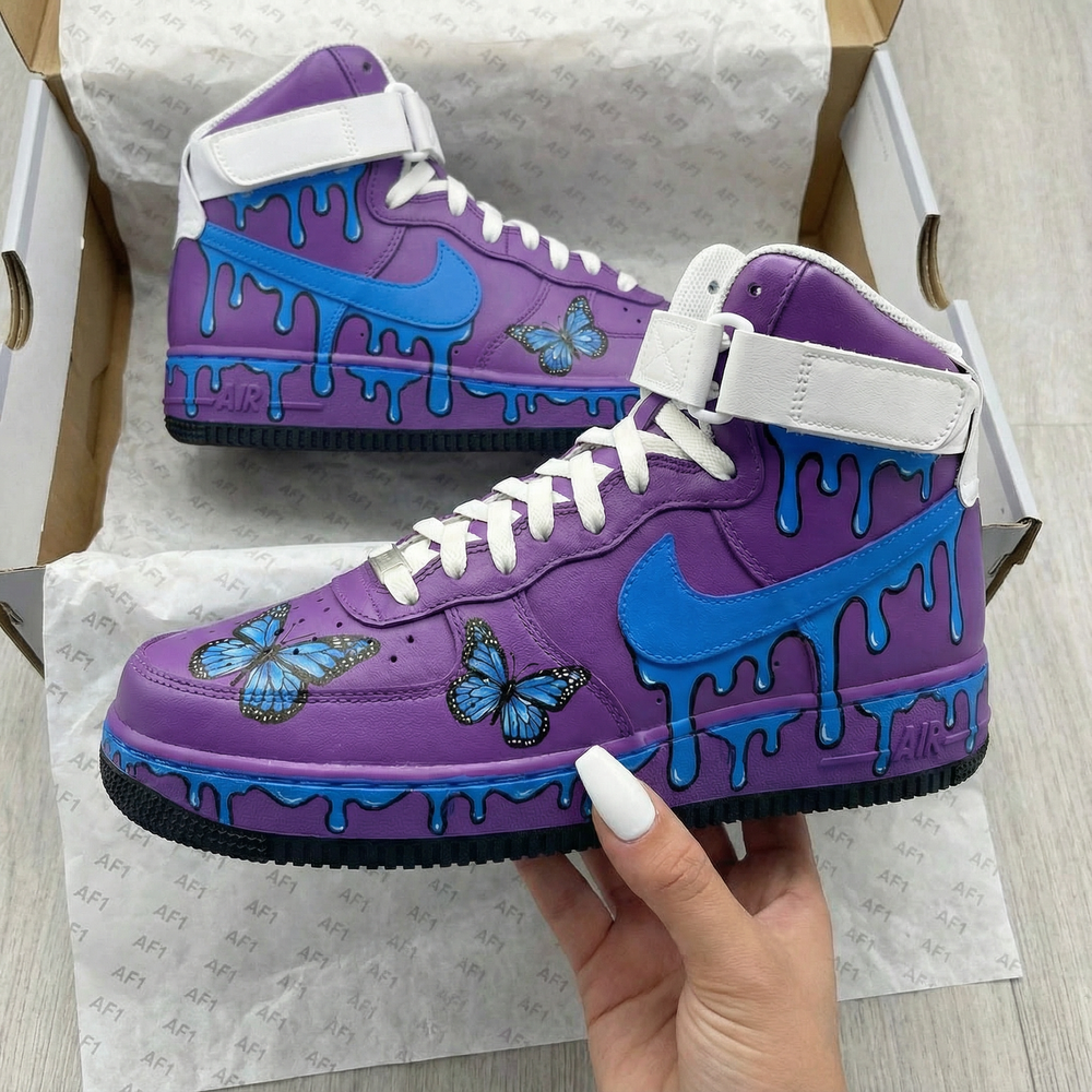Custom Air Force 1 Purple Blue Butterflies Drip Design