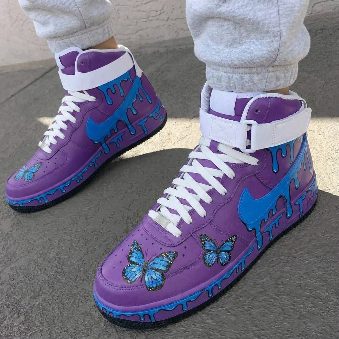 Custom Air Force 1 Purple Blue Butterflies Drip Design
