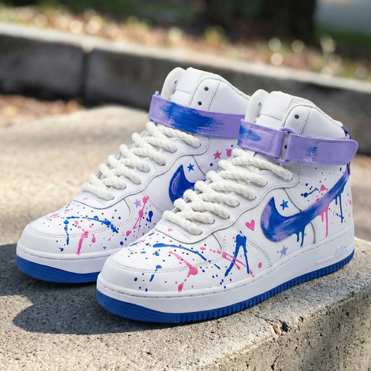 Custom Air Force 1 Purple Blue Star Heart Splatter Design