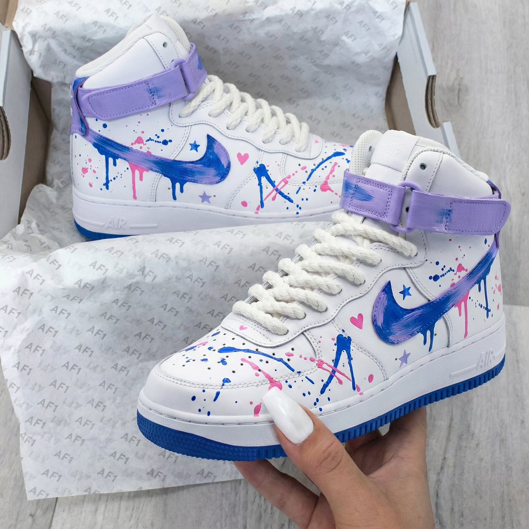 Custom Air Force 1 Purple Blue Star Heart Splatter Design