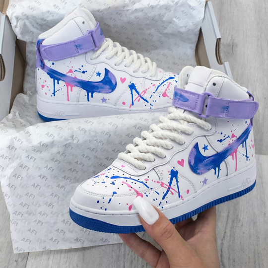 Custom Air Force 1 Purple Blue Star Heart Splatter Design