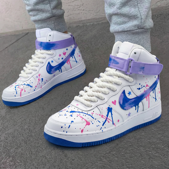 Custom Air Force 1 Purple Blue Star Heart Splatter Design