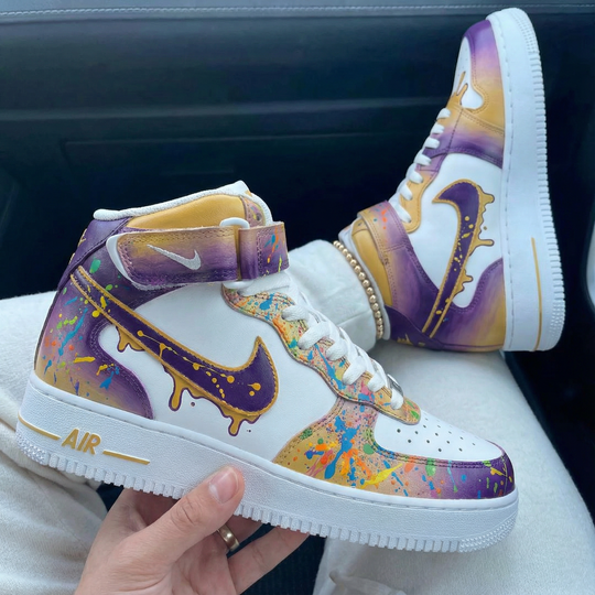 Custom Air Force 1 Purple Gold Splatter Design