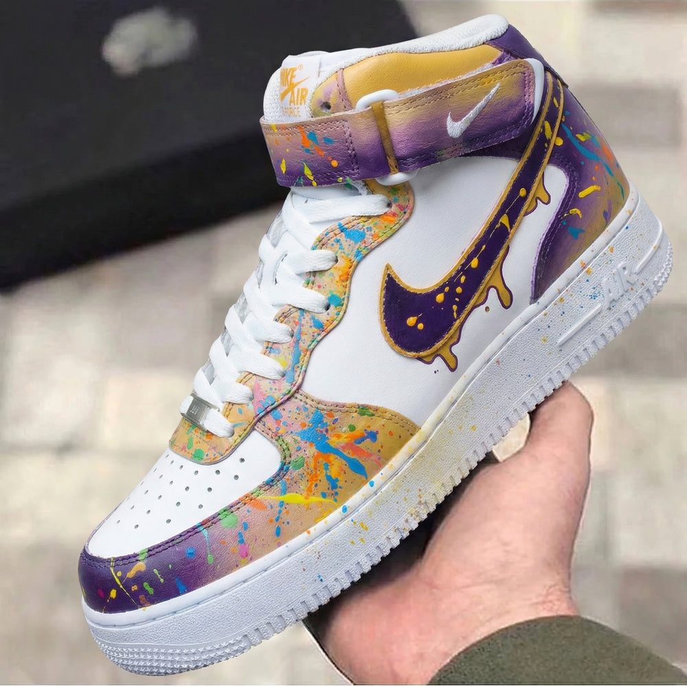 Custom Air Force 1 Purple Gold Splatter Design