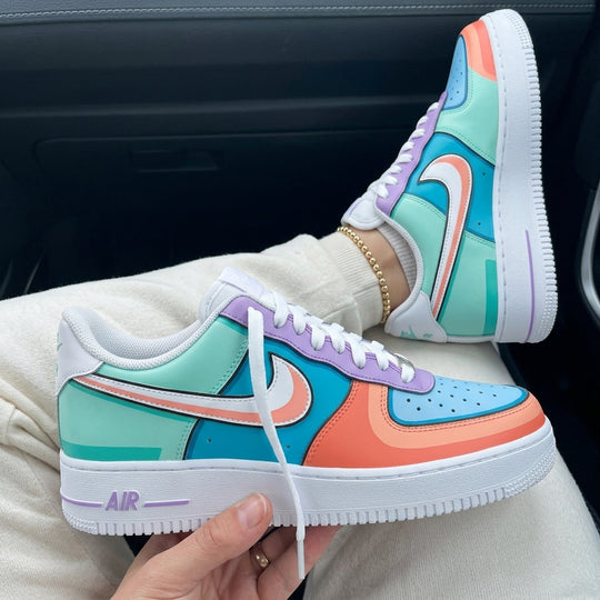 Custom Air Force 1 Purple Teal Blue Orange Cartoon Color Block Shadow