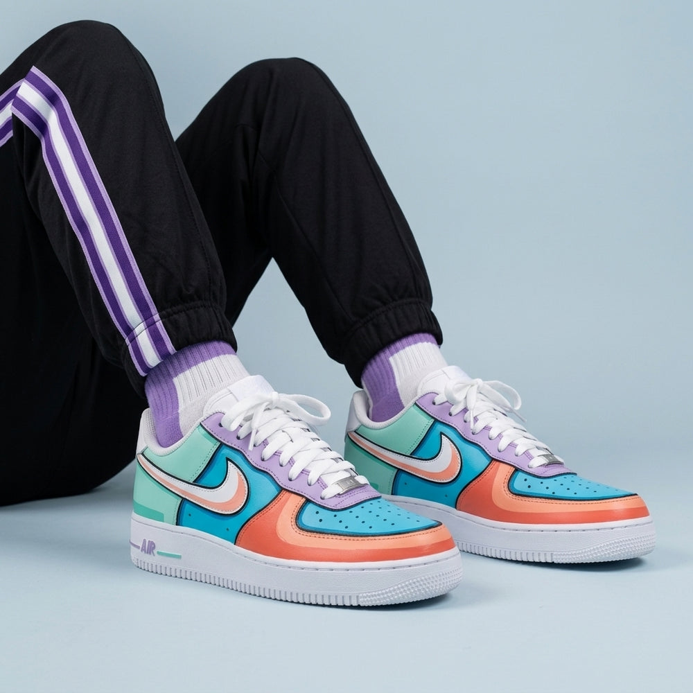 Custom Air Force 1 Purple Teal Blue Orange Cartoon Color Block Shadow