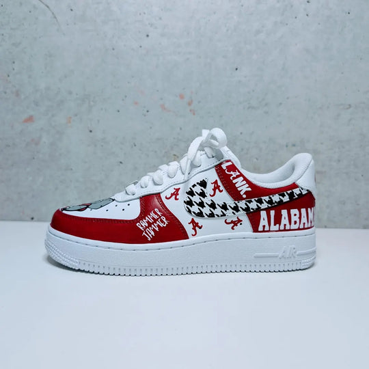 Custom Air Force 1 Red And White With Houndstooth Pattern And Alabama Graphics