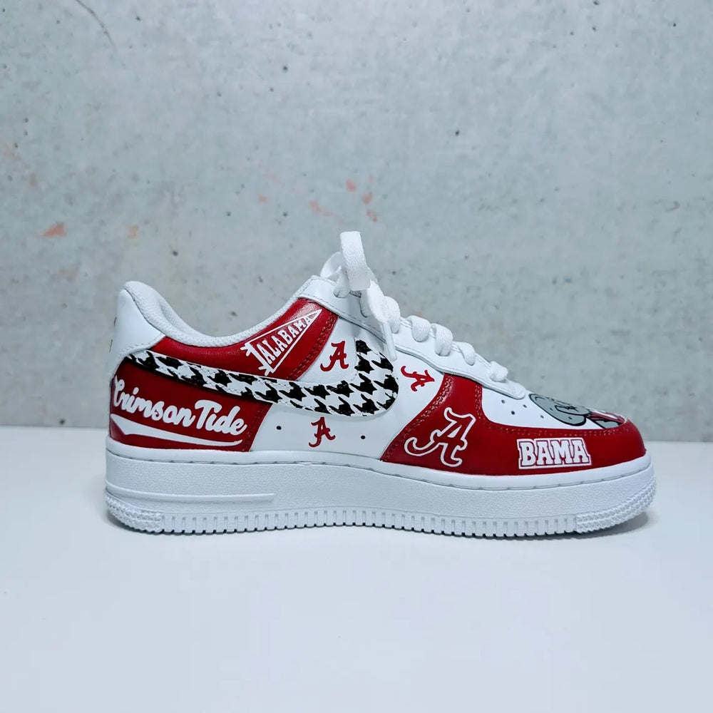 Custom Air Force 1 Red And White With Houndstooth Pattern And Alabama Graphics