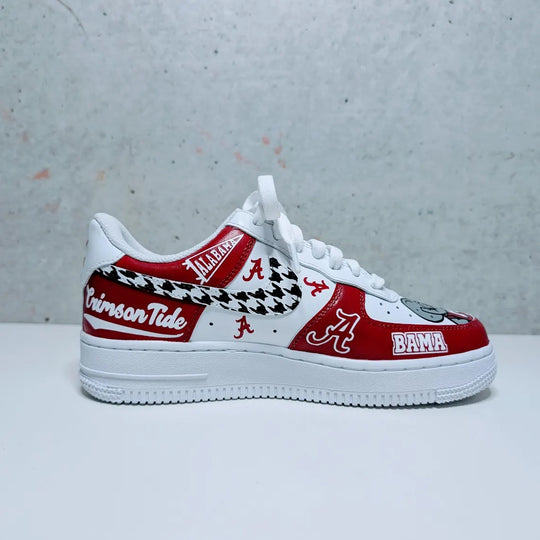 Custom Air Force 1 Red And White With Houndstooth Pattern And Alabama Graphics