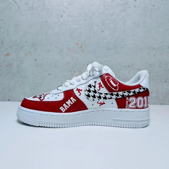 Custom Air Force 1 Red And White With Houndstooth Pattern And Alabama Graphics