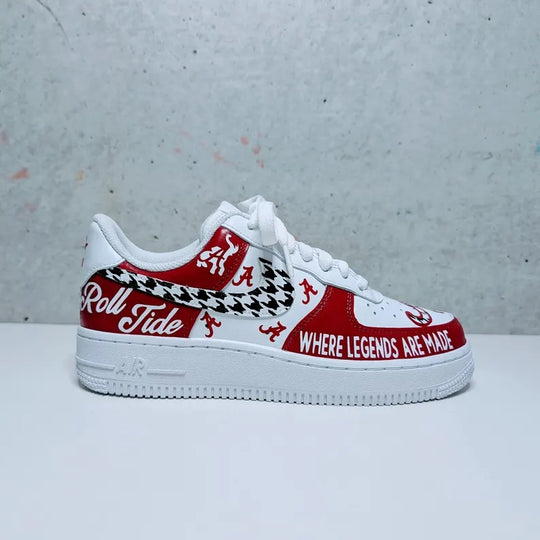 Custom Air Force 1 Red And White With Houndstooth Pattern And Alabama Graphics