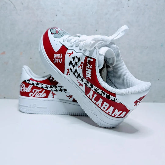 Custom Air Force 1 Red And White With Houndstooth Pattern And Alabama Graphics