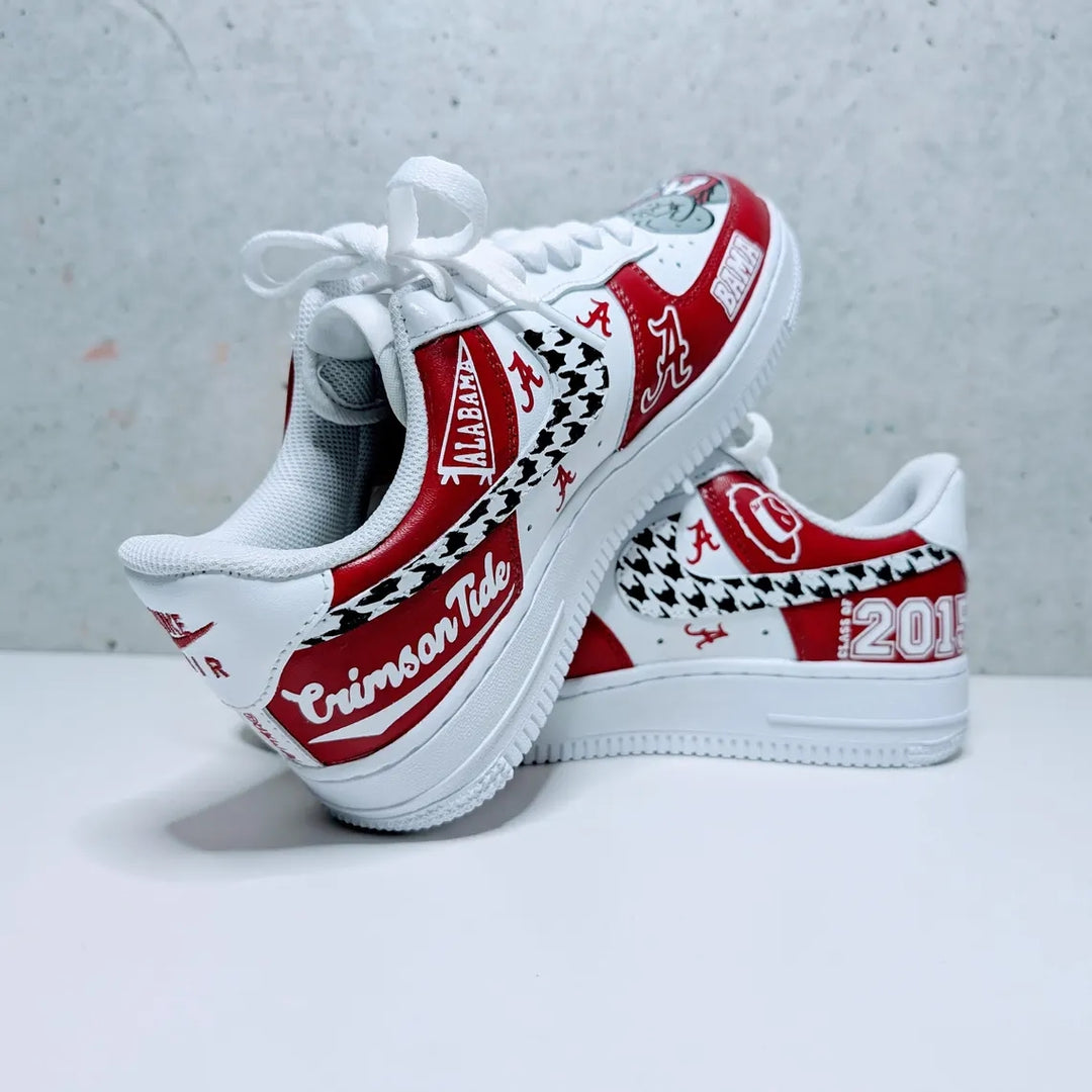 Custom Air Force 1 Red And White With Houndstooth Pattern And Alabama Graphics