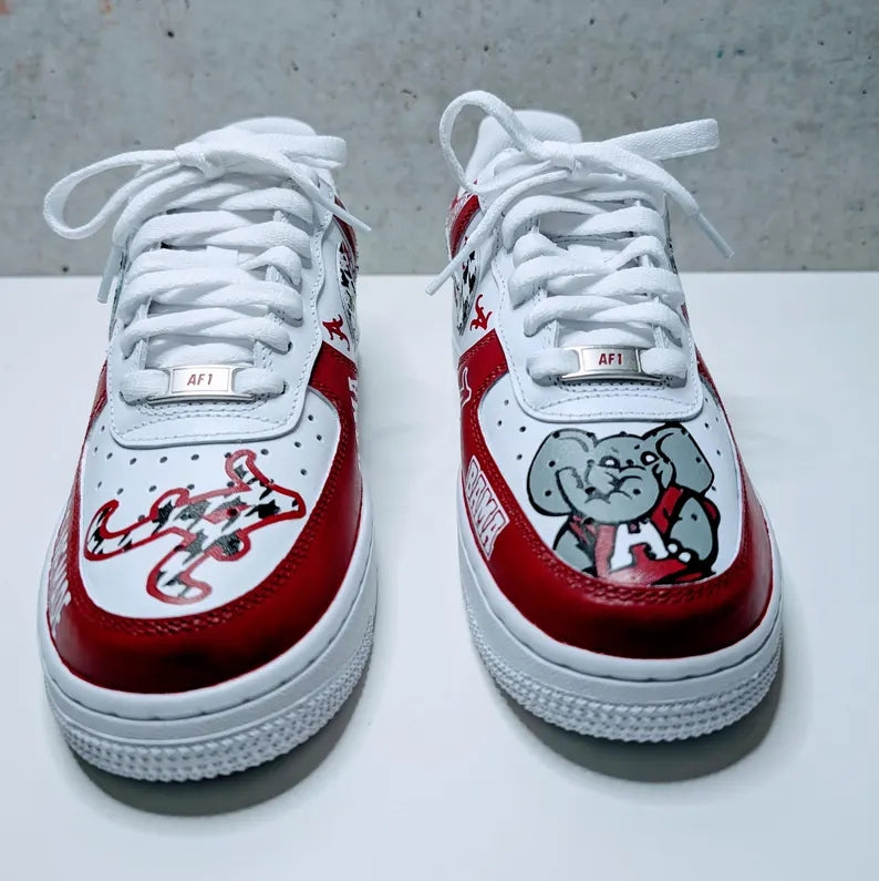 Custom Air Force 1 Red And White With Houndstooth Pattern And Alabama Graphics