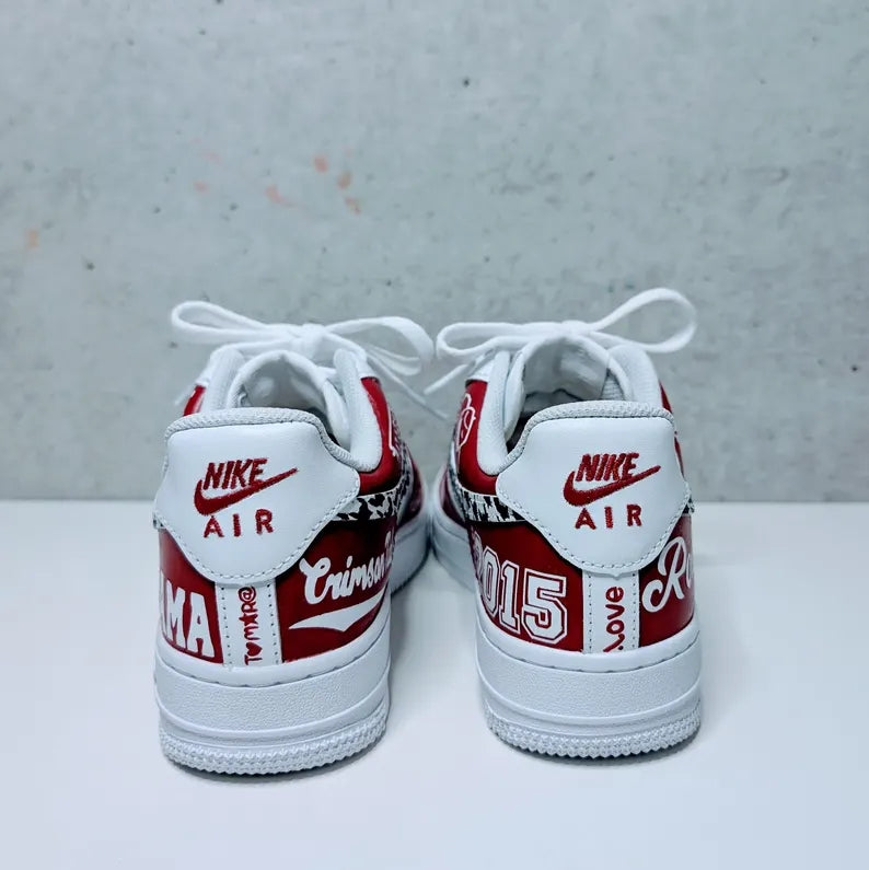Custom Air Force 1 Red And White With Houndstooth Pattern And Alabama Graphics