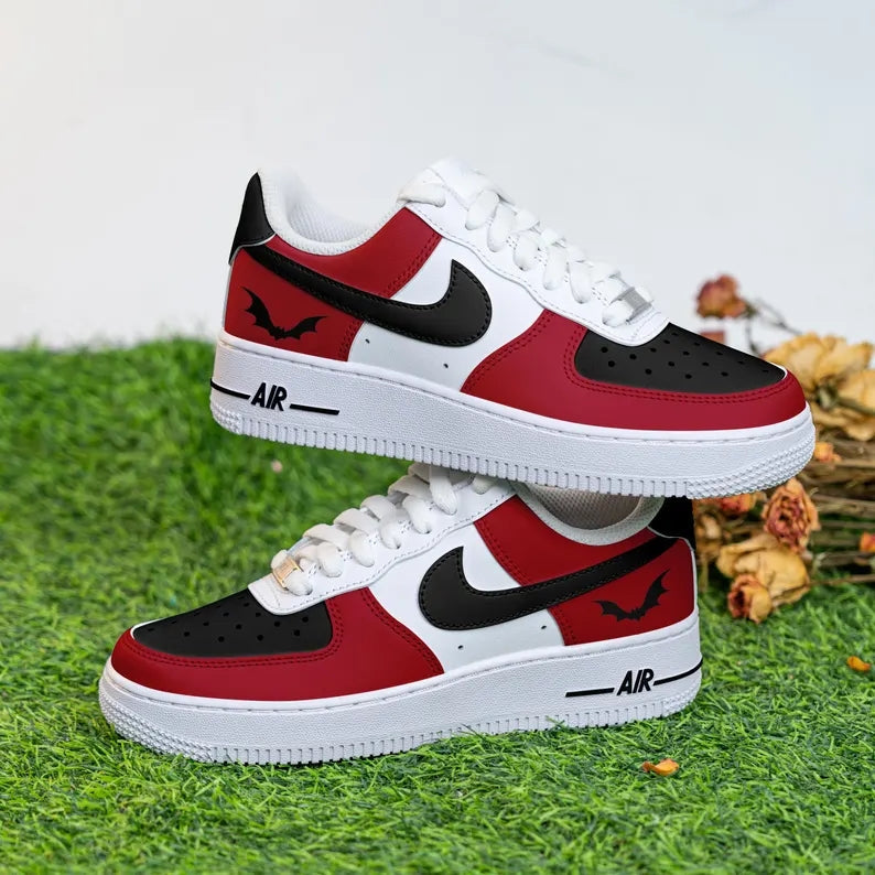 Custom Air Force 1 Red Black And White With Bat Pattern