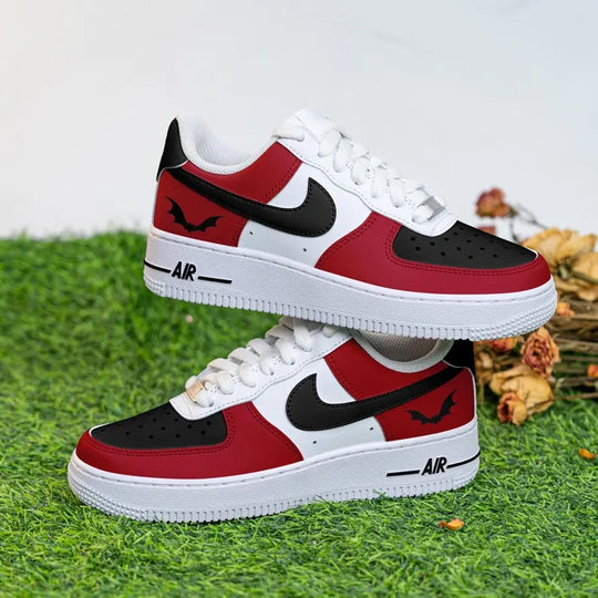 Custom Air Force 1 Red Black And White With Bat Pattern