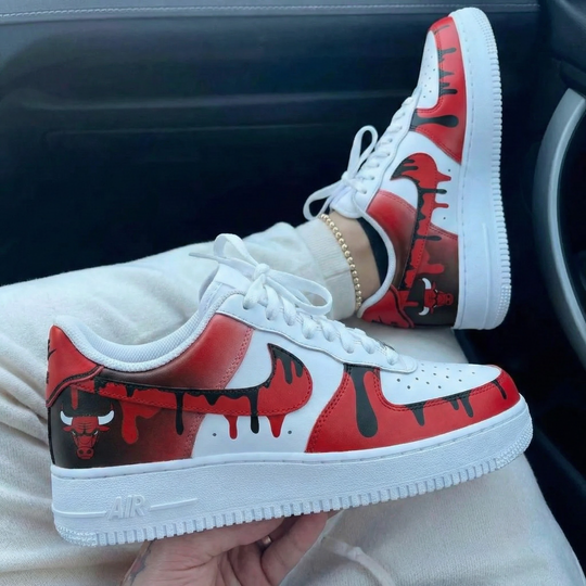 Custom Air Force 1 Red Black Drip Design with Bulls Logo