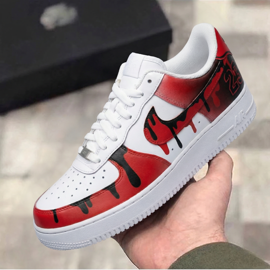 Custom Air Force 1 Red Black Drip Design with Bulls Logo