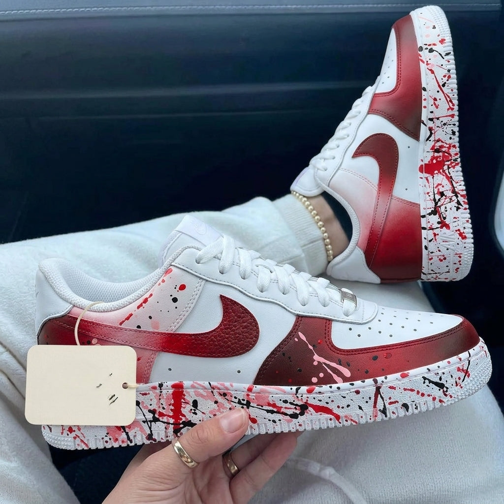 Custom Air Force 1 Red Black Paint Splatter