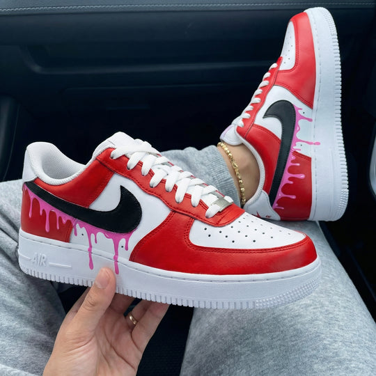 Custom Air Force 1 Red Black Pink Drip Design