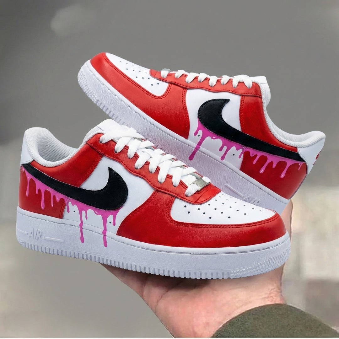 Custom Air Force 1 Red Black Pink Drip Design