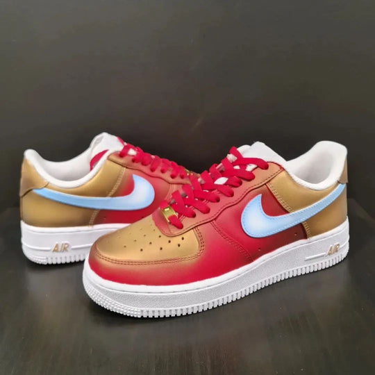 Custom Air Force 1 Red Gold Baby Blue Swoosh Design