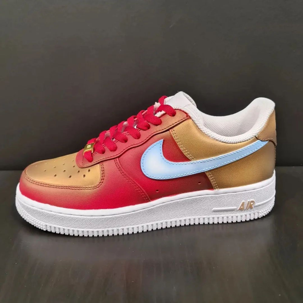 Custom Air Force 1 Red Gold Baby Blue Swoosh Design