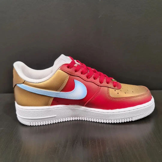 Custom Air Force 1 Red Gold Baby Blue Swoosh Design