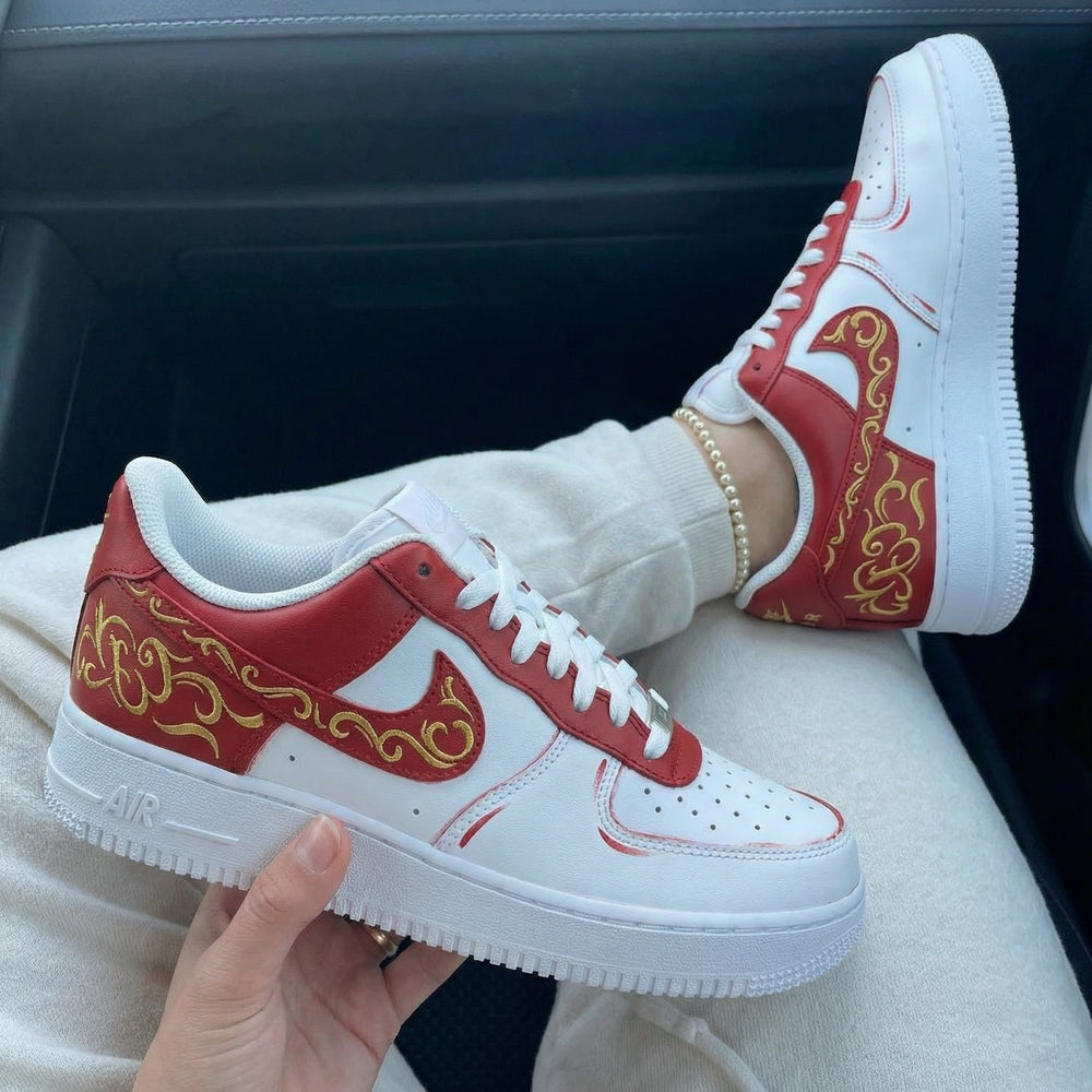 Custom Air Force 1 Red Gold Floral Pattern