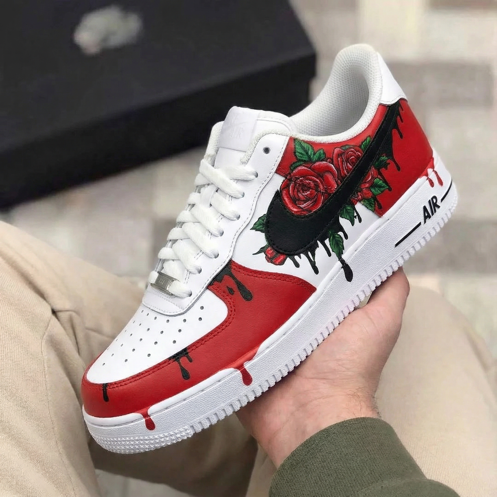 Custom Air Force 1 Red White Rose and Drip Design