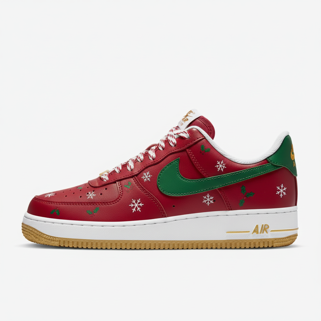 Custom Air Force 1 Red With Snowflakes And Holly Christmas – Lilaccustom