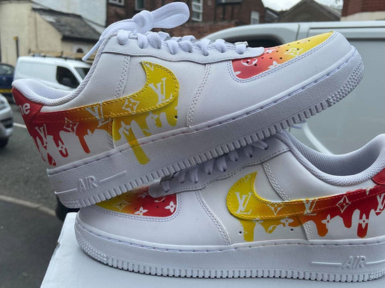 Custom Air Force 1 Red Yellow LV Pattern and Supreme Logo