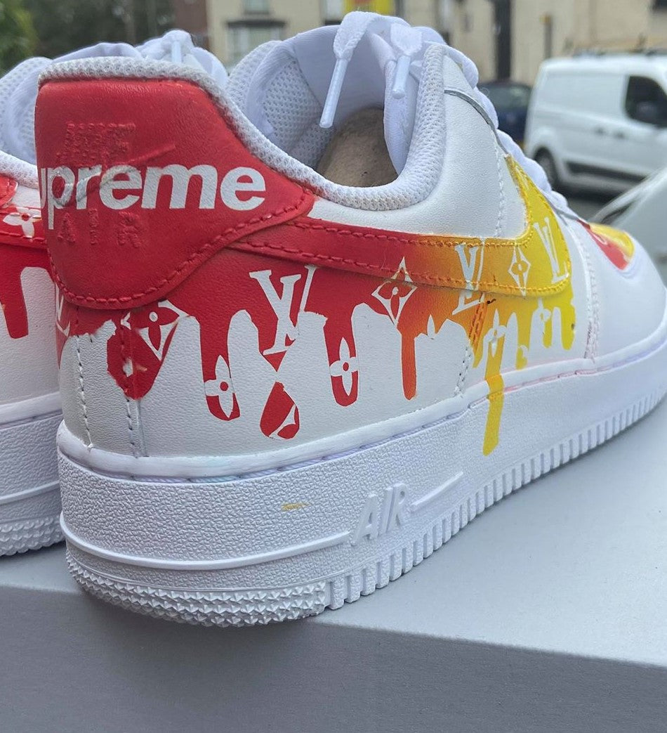 Custom Air Force 1 Red Yellow LV Pattern and Supreme Logo