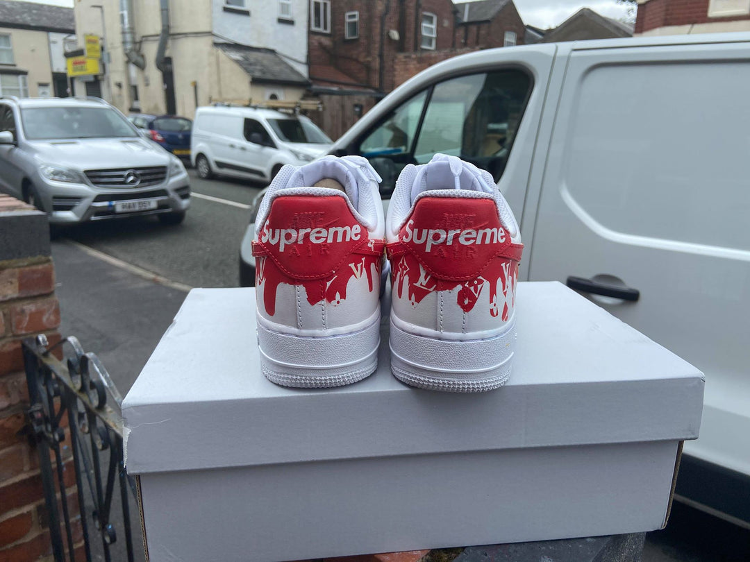 Custom Air Force 1 Red Yellow LV Pattern and Supreme Logo