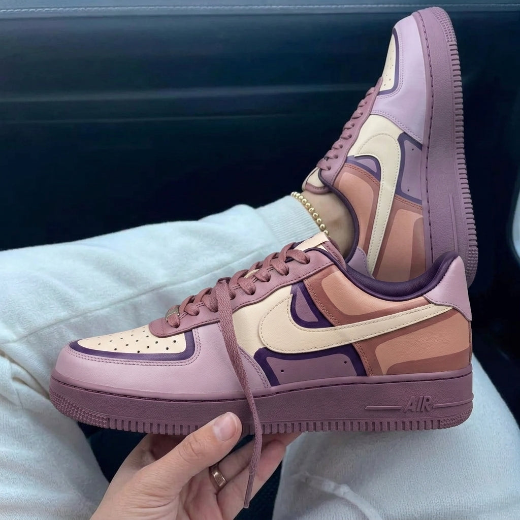 Custom Air Force 1 Shadow Baby Pink Purple Beige Geometric Patchwork