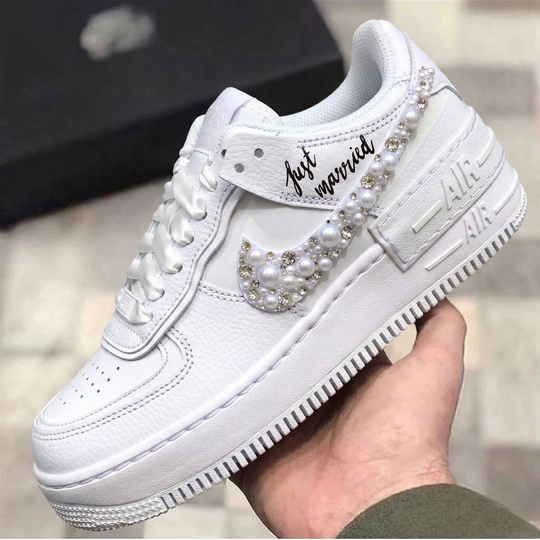 Custom Air Force 1 Shadow White Pearls Rhinestones Weeding