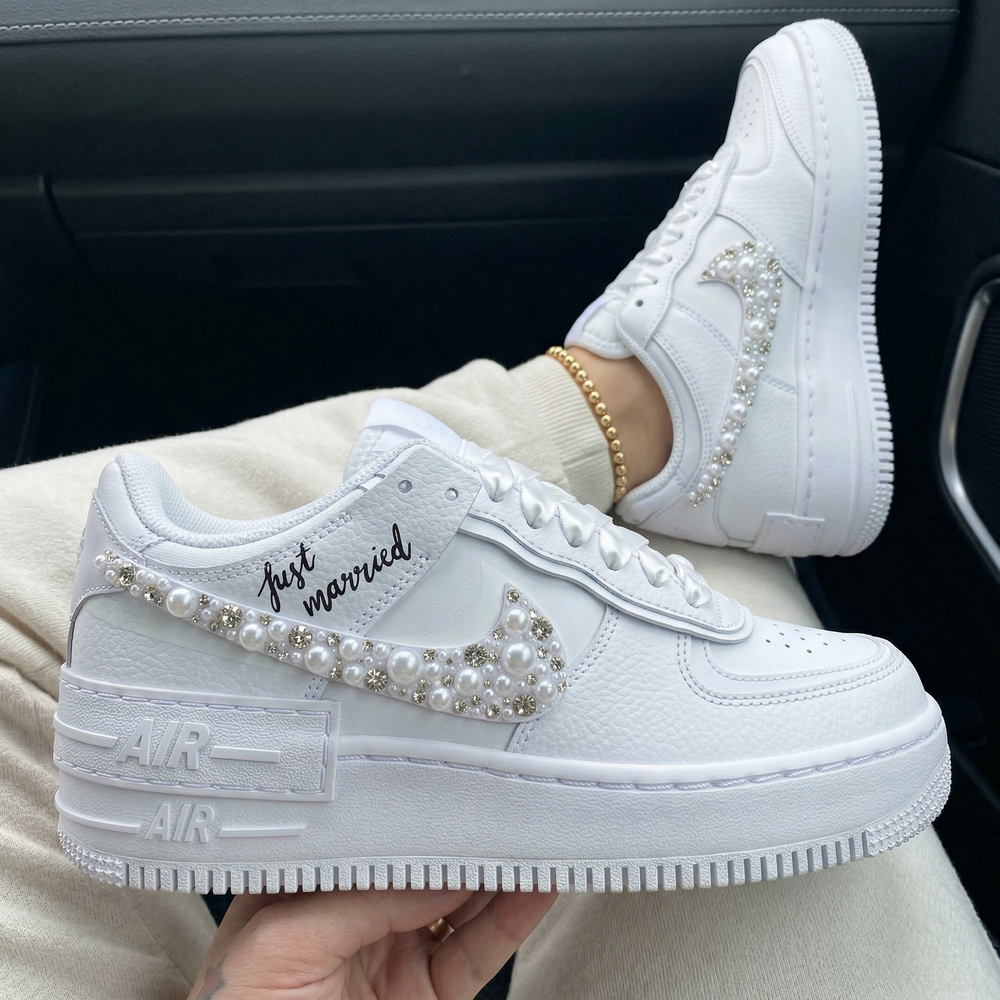 Custom Air Force 1 Shadow White Pearls Rhinestones Weeding