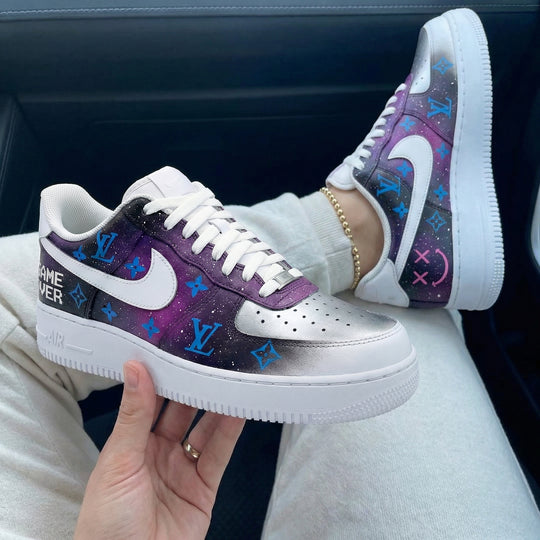 Custom Air Force 1 Silver Purple with LV Logo and Galaxy Pattern