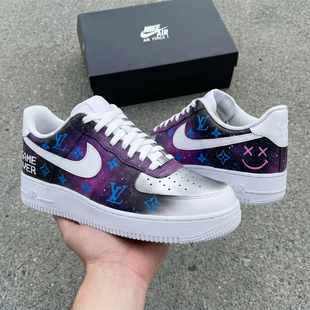 Custom Air Force 1 Silver Purple with LV Logo and Galaxy Pattern