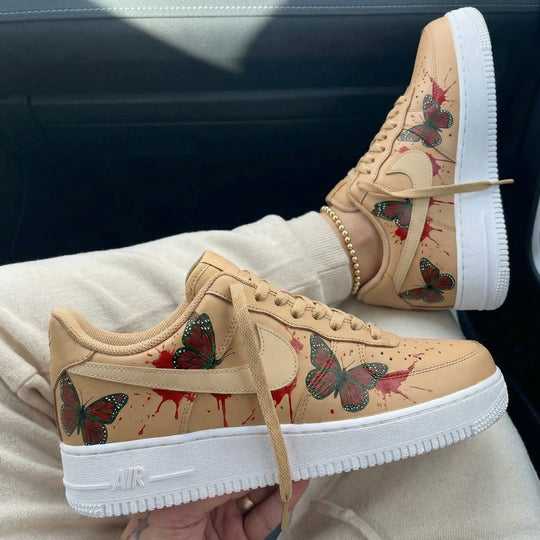 Custom Air Force 1 Tan Butterflies Blood Splatter