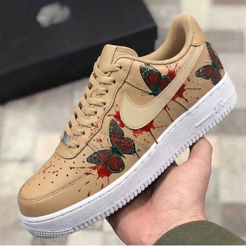 Custom Air Force 1 Tan Butterflies Blood Splatter