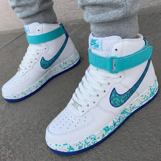 Custom Air Force 1 Teal Glitter Splatter Design