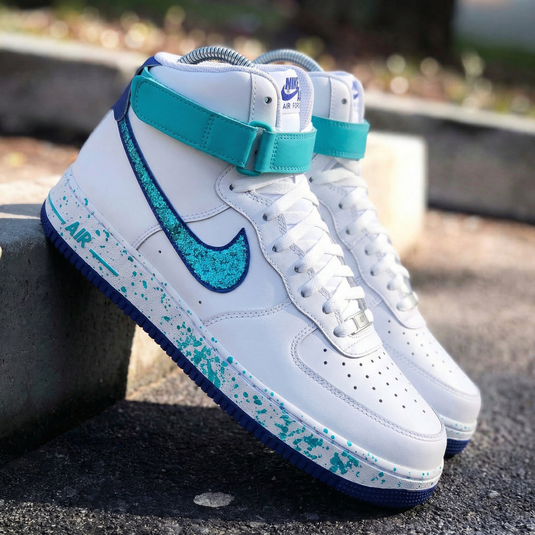 Custom Air Force 1 Teal Glitter Splatter Design