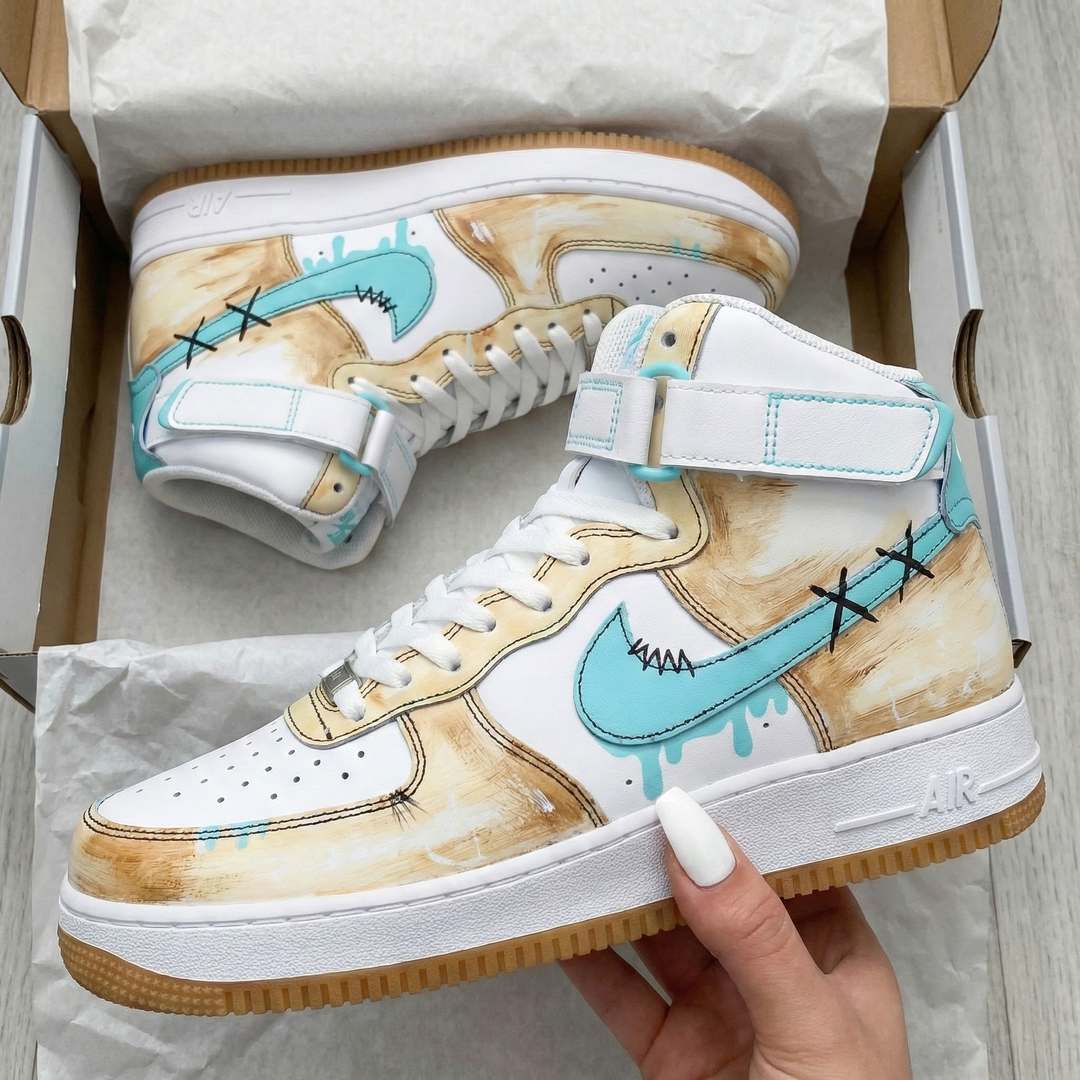 Custom Air Force 1 Turquoise Beige Stitching Pattern