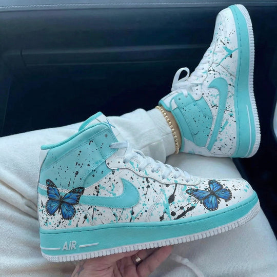 Custom Air Force 1 Turquoise Butterfly Splatter Design