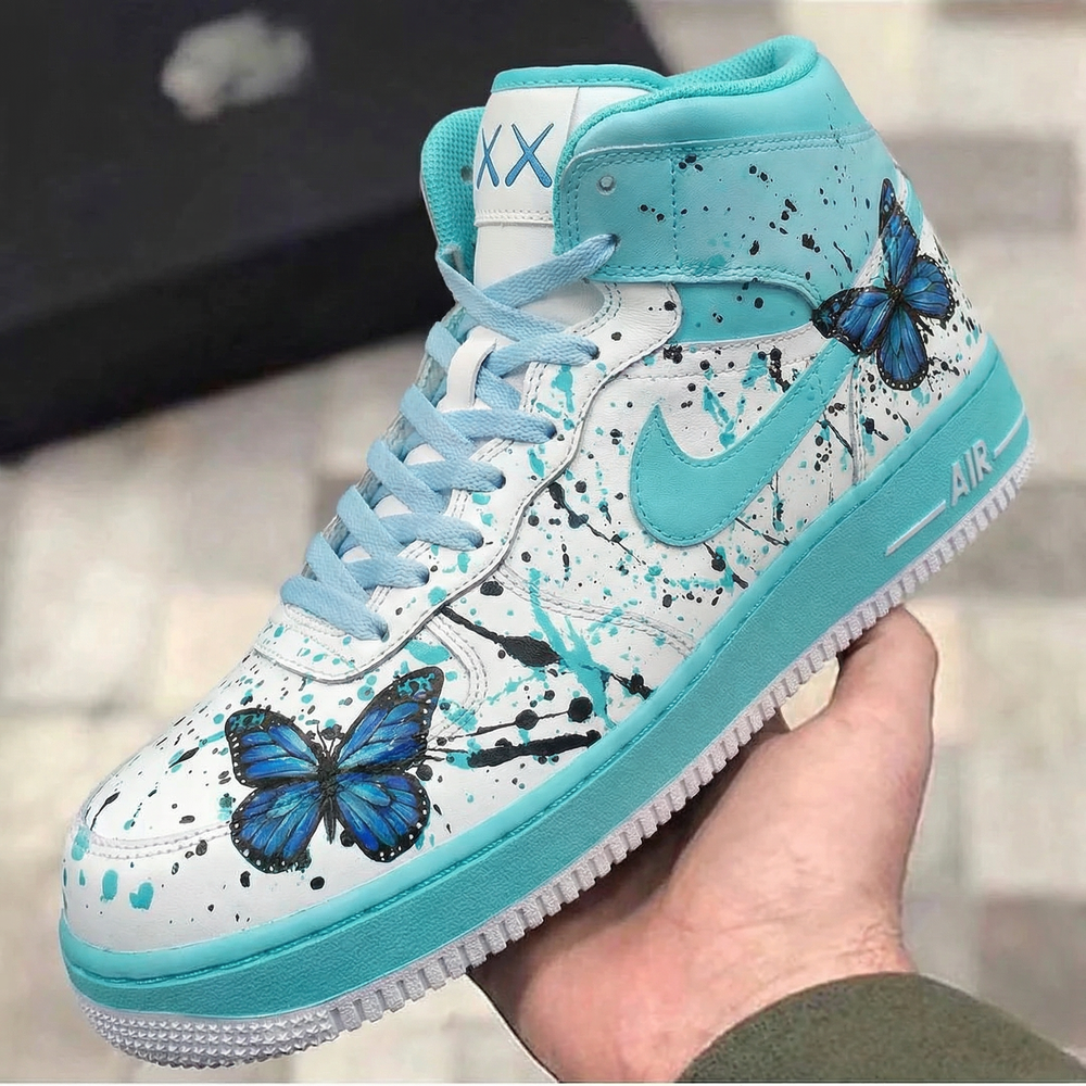 Custom Air Force 1 Turquoise Butterfly Splatter Design
