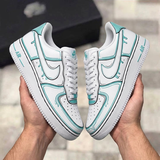 Custom Air Force 1 Turquoise Cartoon Drip Black Outlines