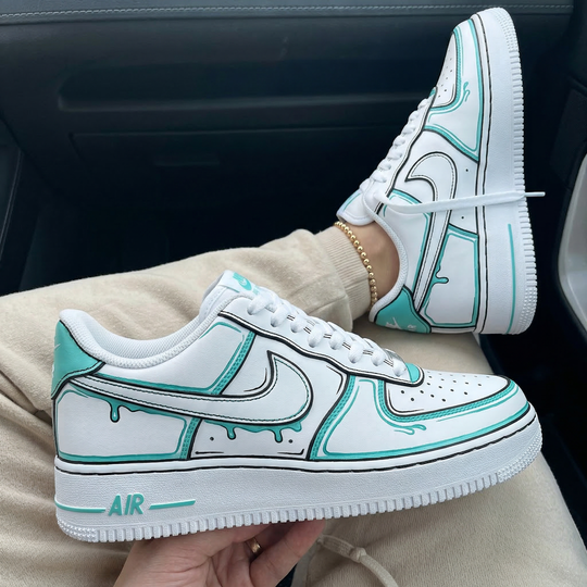 Custom Air Force 1 Turquoise Cartoon Drip Black Outlines